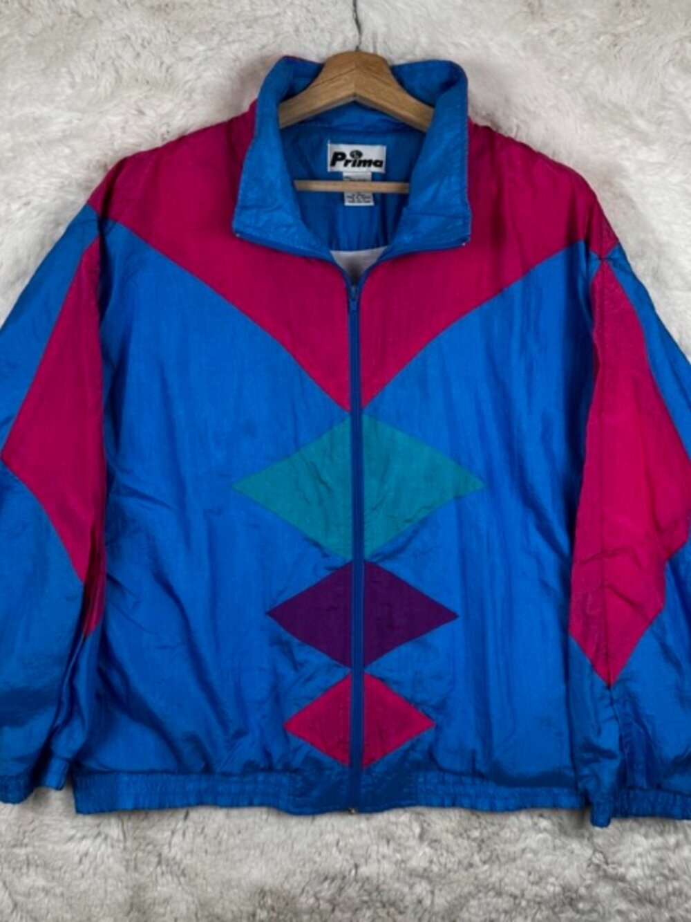 Vintage 90s Prima Windbreaker Nylon Jacket Neon Geometric Pattern Women's XL